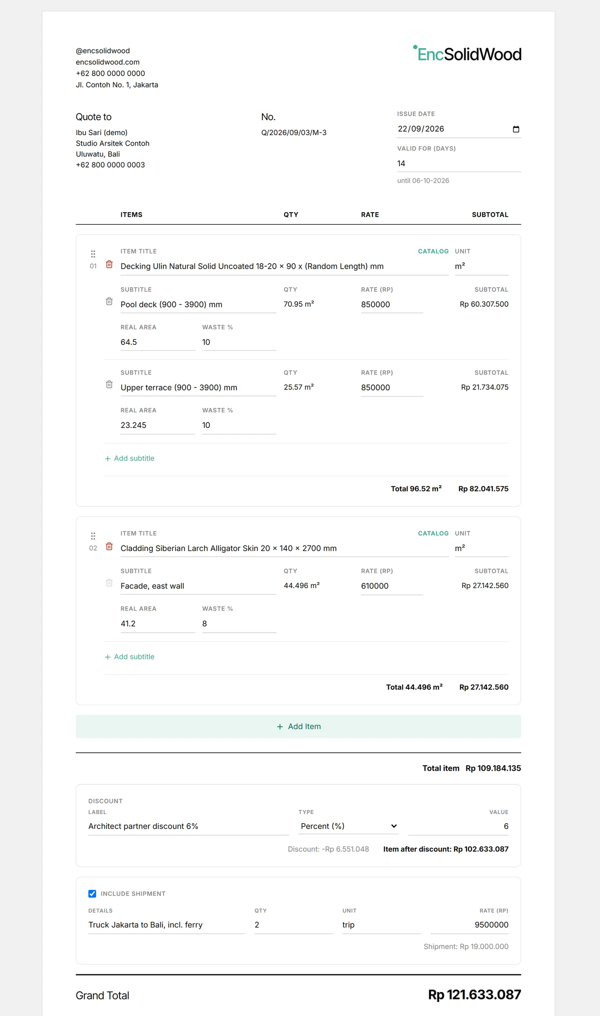 The quote builder laid out like the printed quote: client details, two line items with sub-areas, real area and waste fields, a 6% discount, two truck trips and the grand total
