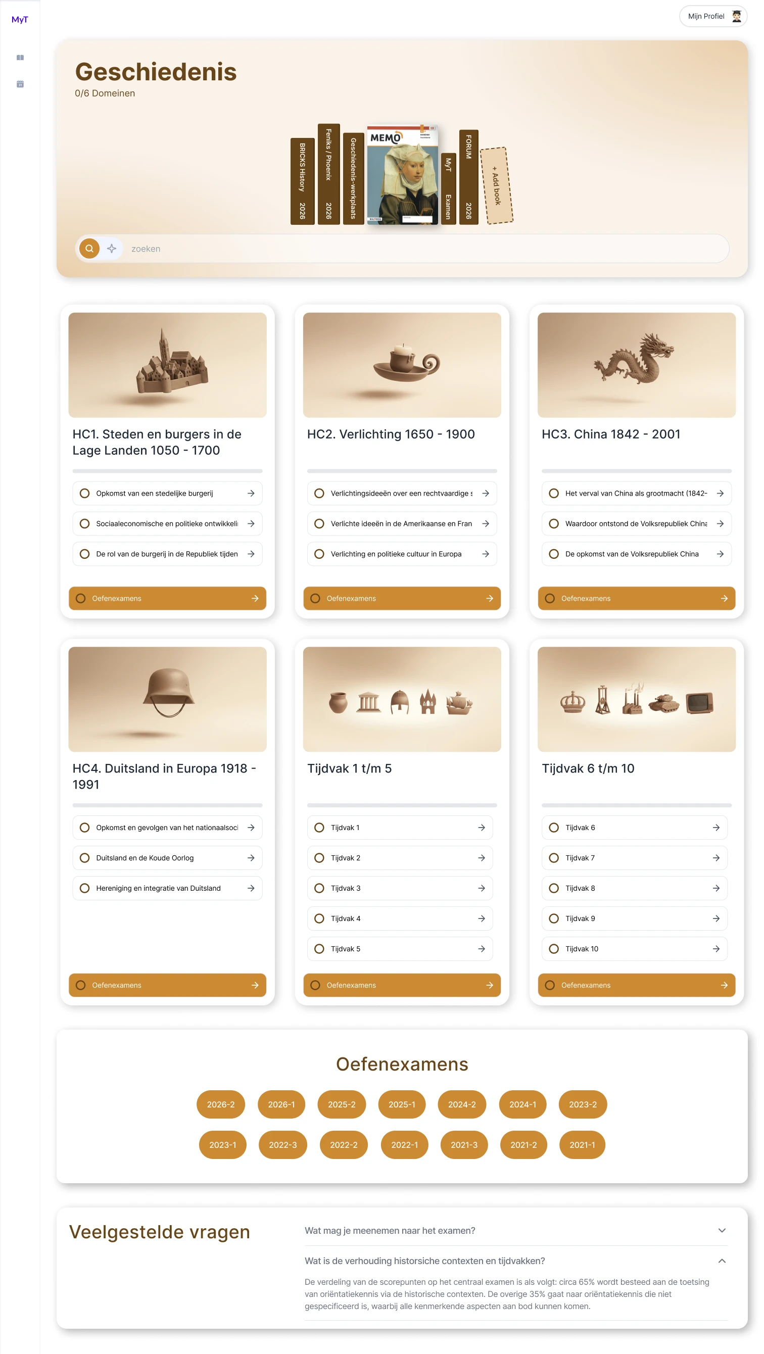 MyTutor Geschiedenis subject page: a bookshelf of history textbooks, six chapter cards with their sub-topics, a grid of practice exams by year and an FAQ