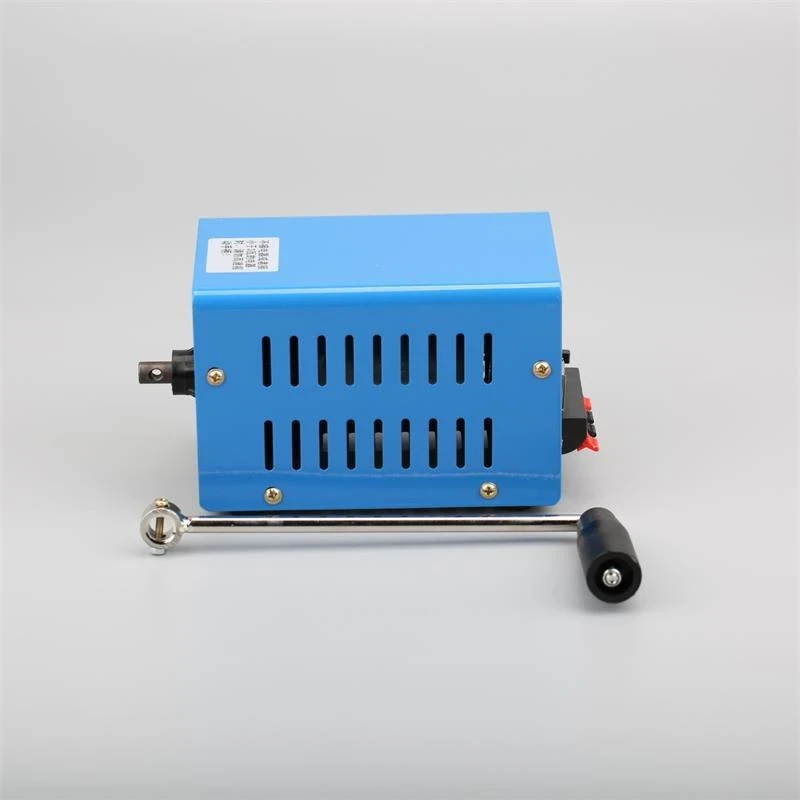 A blue hand crank generator with a steel crank handle