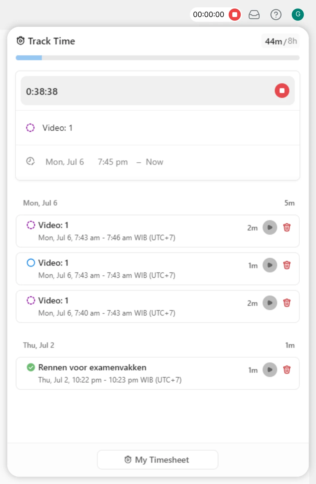 Gran Julia navbar timer next to the profile picture, with the Track Time panel open below it: a running timer of 0:38:38 on Video: 1, 44 minutes logged out of 8 hours, earlier entries grouped by day with resume and delete buttons, and a My Timesheet button